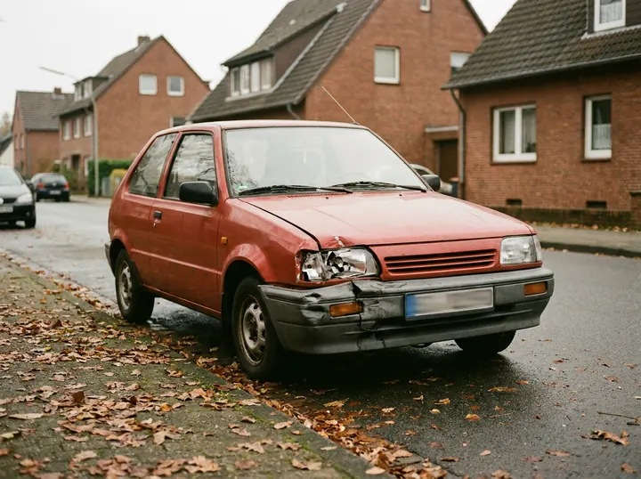 Symbolbild: Älterer roter Kleinwagen mit Frontschaden am Straßenrand im Herbstlaub